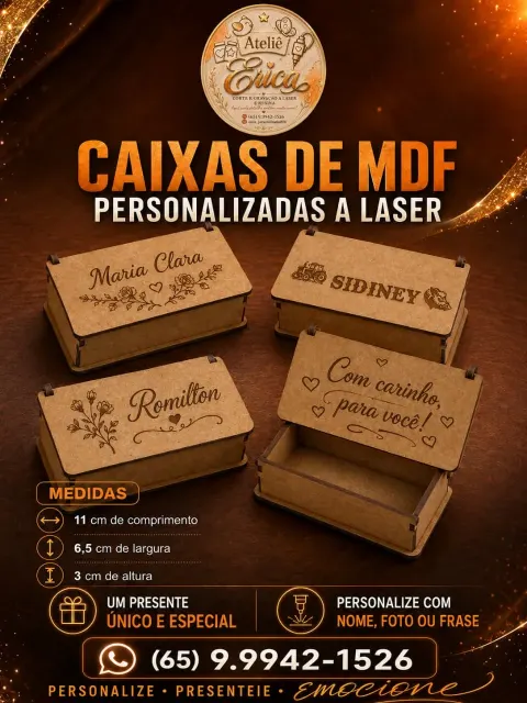 Caixas de MDF Personalizadas a Laser - 11x6,5x3 cm