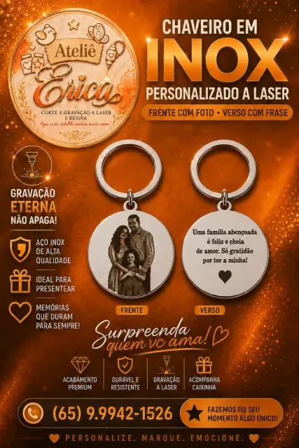 Chaveiro em Inox Personalizado com Foto e Mensagem em Data Especial